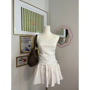 White Lace Trim Camisole Ribbed V-Neck Tank Top Coquette Aesthetic Small